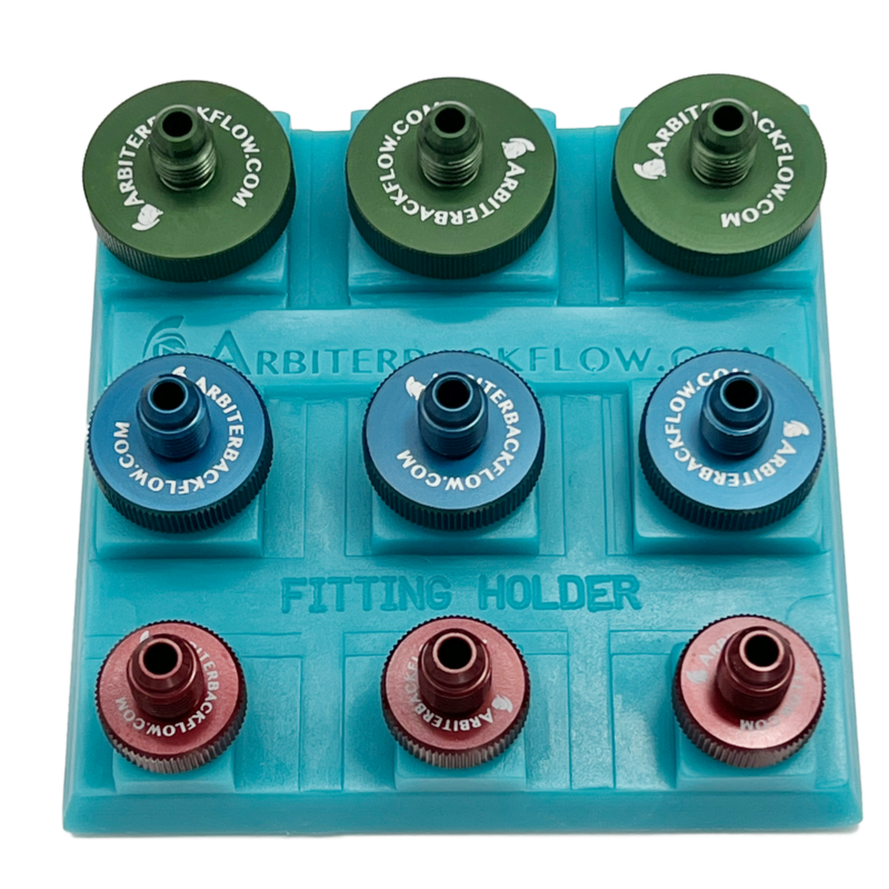 QT 200A ANODIZED ALUM TEST FITTINGS 3 OF EACH SIZE 1/4" 1/2" & 3/4" IN HOLDER