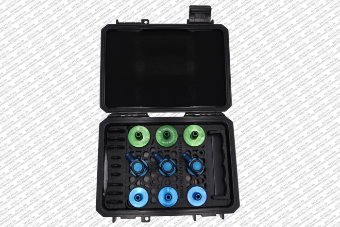 MA QTSWSAH - SET OF 9 QUICK CONNECT TEST FITTINGS IN ANODIZED ALUMINUM - 3 OF EACH SIZE (1/4"swivel, 1/2", 3/4") WITH CASE, HOLDER AND SPARE O-RINGS